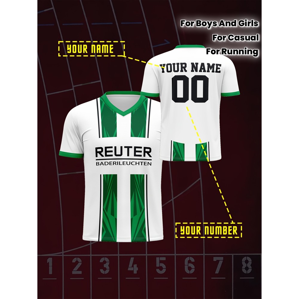 Customizable Kids Soccer Jersey with V-Neck, Polyester Sports Shirt, Medium Stretch Knit Fabric, All-Over Print, Regular Fit, with Name and Number, for Boys and Girls, Casual, Running, Training, Football, Spring/Summer/Fall, Ages 12 and Under Customizable Kids Soccer Jersey with V-Neck, Polyester Sports Shirt, Medium Stretch Knit Fabric, All-Over Print, Regular Fit, with Name and Number, for Boys and Girls, Casual, Running, Training, Football, Spring/Summer/Fall, Ages 12 and Under