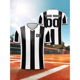 Kids' V-Neck Football Jersey - Custom Name & Number, Breathable Stretch Fabric, Black & White Stripes with Full-Body Print for Soccer, Sports & Casual Wear (Machine Washable, Spring/Fall), Sports Team Apparel, Comfortable Fit Shirt