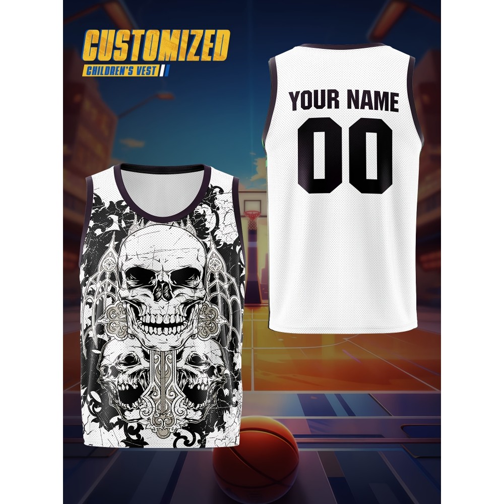 Children'S Customized Name And Number Basketball Sports Vest, Halloween Theme Suitable for Game Team Training Party, Comfortable Fit, Good Breathability, Outdoor Sports Running And Leisure Children'S Customized Name And Number Basketball Sports Vest, Halloween Theme Suitable for Game Team Training Party, Comfortable Fit, Good Breathability, Outdoor Sports Running And Leisure