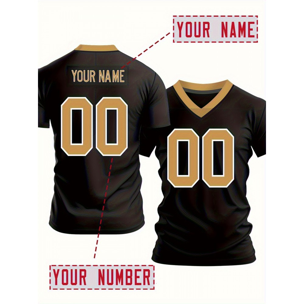 Customizable Women'S Plus Size Football Jersey T-Shirt - Personalized Team Name & Number, Black with Golden Accents, V-Neck, Short Sleeve, Summer Sports Tee, Football Jersey, PLUS SIZE Customizable Women'S Plus Size Football Jersey T-Shirt - Personalized Team Name & Number, Black with Golden Accents, V-Neck, Short Sleeve, Summer Sports Tee, Football Jersey, PLUS SIZE