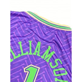 Men'S #1 New Orleans Basketball Jersey - Vibrant Purple & Green Retro Design, Breathable Polyester, V-Neck Sleeveless Sports Shirt for Parties, Training & Casual Wear, Sports Casual Wear | Retro Basketball Jersey | Polyester Mesh Fabric