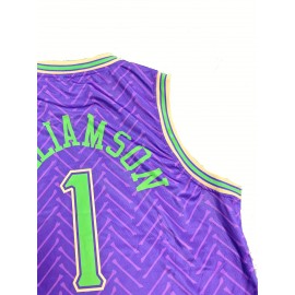 Men'S #1 New Orleans Basketball Jersey - Vibrant Purple & Green Retro Design, Breathable Polyester, V-Neck Sleeveless Sports Shirt for Parties, Training & Casual Wear, Sports Casual Wear | Retro Basketball Jersey | Polyester Mesh Fabric
