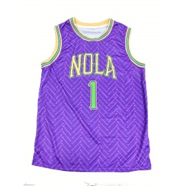 Men'S #1 New Orleans Basketball Jersey - Vibrant Purple & Green Retro Design, Breathable Polyester, V-Neck Sleeveless Sports Shirt for Parties, Training & Casual Wear, Sports Casual Wear | Retro Basketball Jersey | Polyester Mesh Fabric