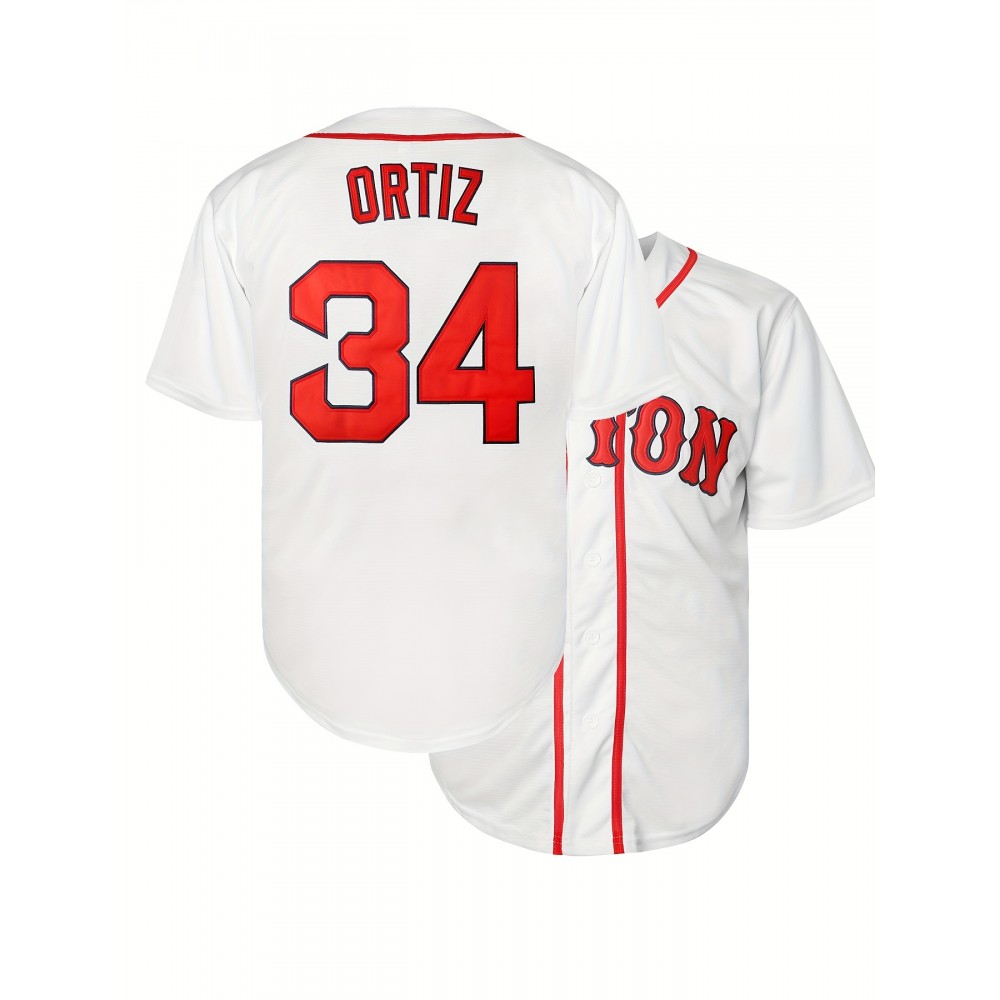 Men's #34 Miami-Inspired Baseball Jersey - V-Neck, Embroidered Name & Number, White & Red Striped Design, Loose Fit for Sports, Parties & Casual Wear Men's #34 Miami-Inspired Baseball Jersey - V-Neck, Embroidered Name & Number, White & Red Striped Design, Loose Fit for Sports, Parties & Casual Wear