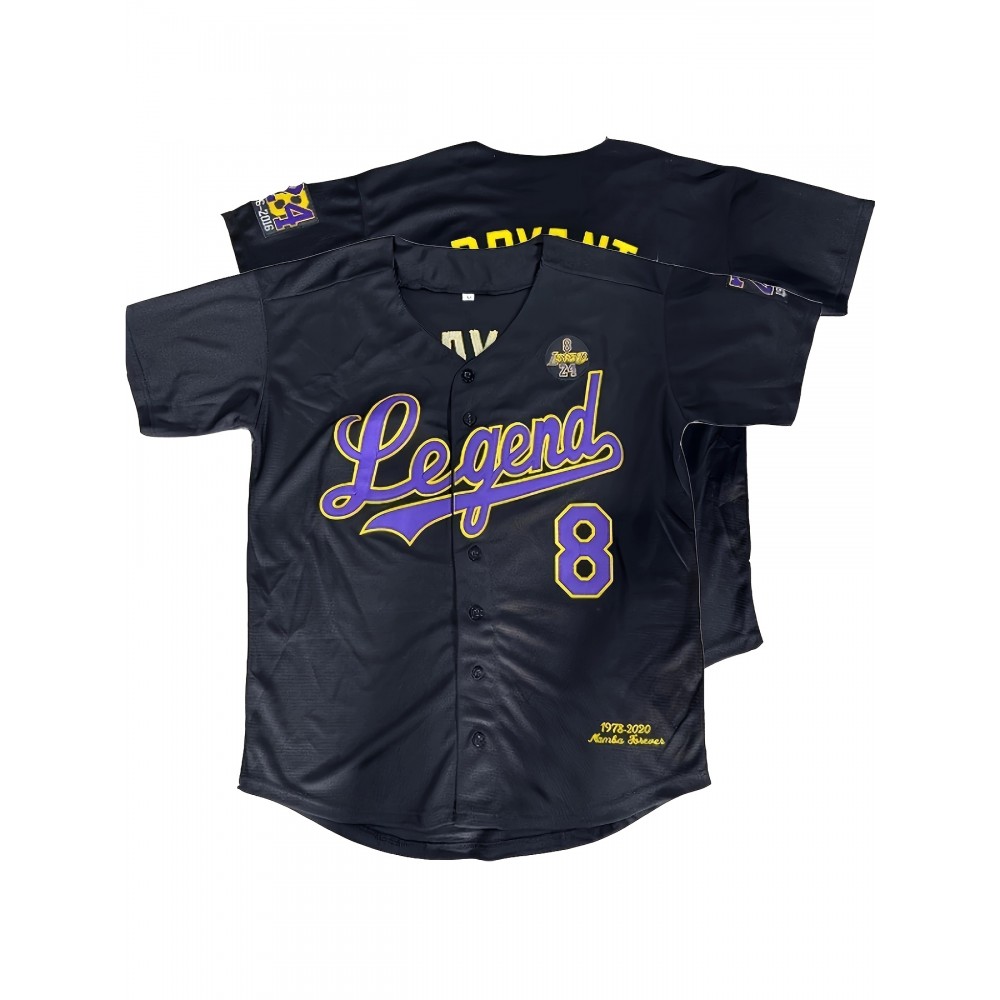 Men's #8 Black Baseball Jersey - Loose Fit V-Neck with Embroidered Name & Number, Purple Accents, All-Season Machine Washable Sportswear for Baseball, Halloween & Casual Outfits