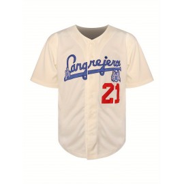 Men's #21 Cream Baseball Jersey with Embroidered Name & Number - V-Neck, Button-Up, Loose Fit for Sports, Parties & Casual Wear