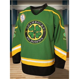 Men's #3 Embroidered Hockey Jersey - V-Neck, Long Sleeve, Color Block Design in White, Green & Black - Perfect for Sports & Casual Wear