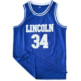 Men's #34 Basketball Jersey - Breathable Sleeveless Embroidered Uniform, Loose Fit for Sports & Outdoor Activities, Machine Washable, All-Season Comfort (Blue/White/Red), Basketball Gear, Team Apparel, Sporty Look, Durable Sportswear